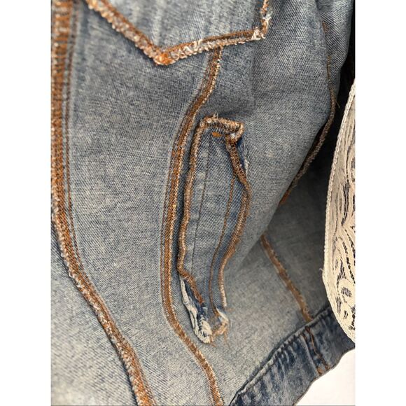 Blue B Rhinestone Fringe Denim Jacket with Hoodie Blue Size M/L - Picture 6 of 12